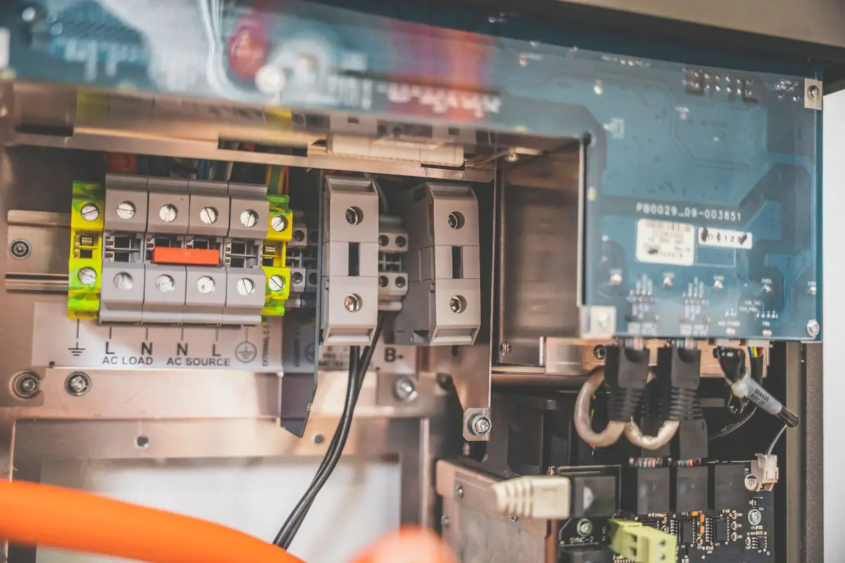 Inside a solar inverter: breakers and wiring