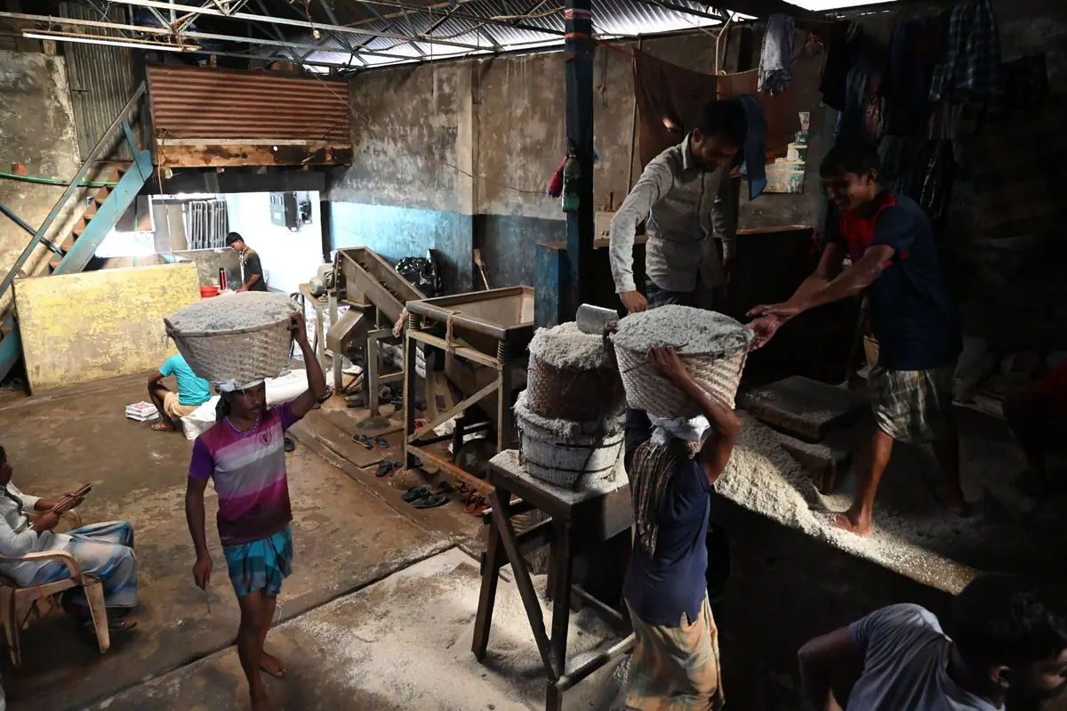 Workers inside a rice mill
